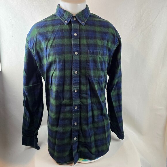 Eddie Bauer Mens XLT Green Blue Plaid Flannel Shirt Relaxed Fit Button Up Tartan - Picture 1 of 10